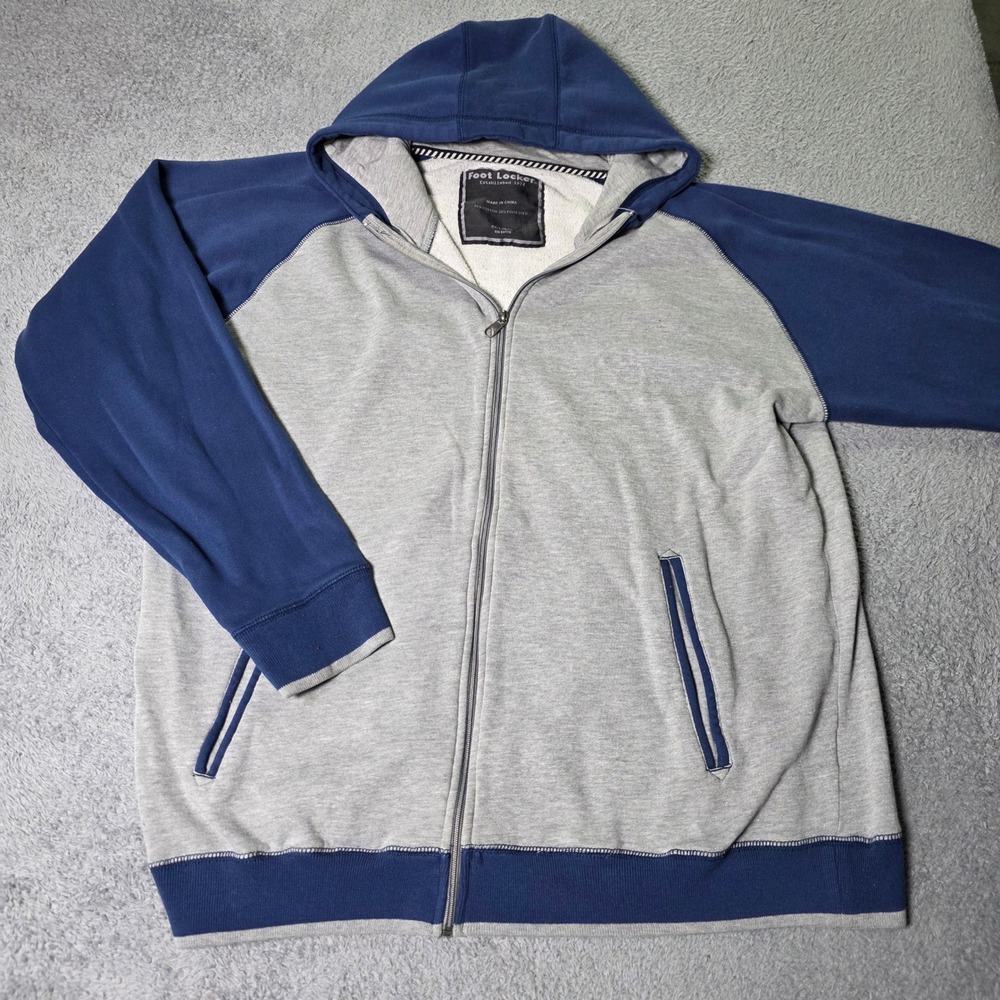 Foot Locker Mens 2XL Full Zip Hoodie Grey Navy Blue Raglan Colorblock Sweatshirt